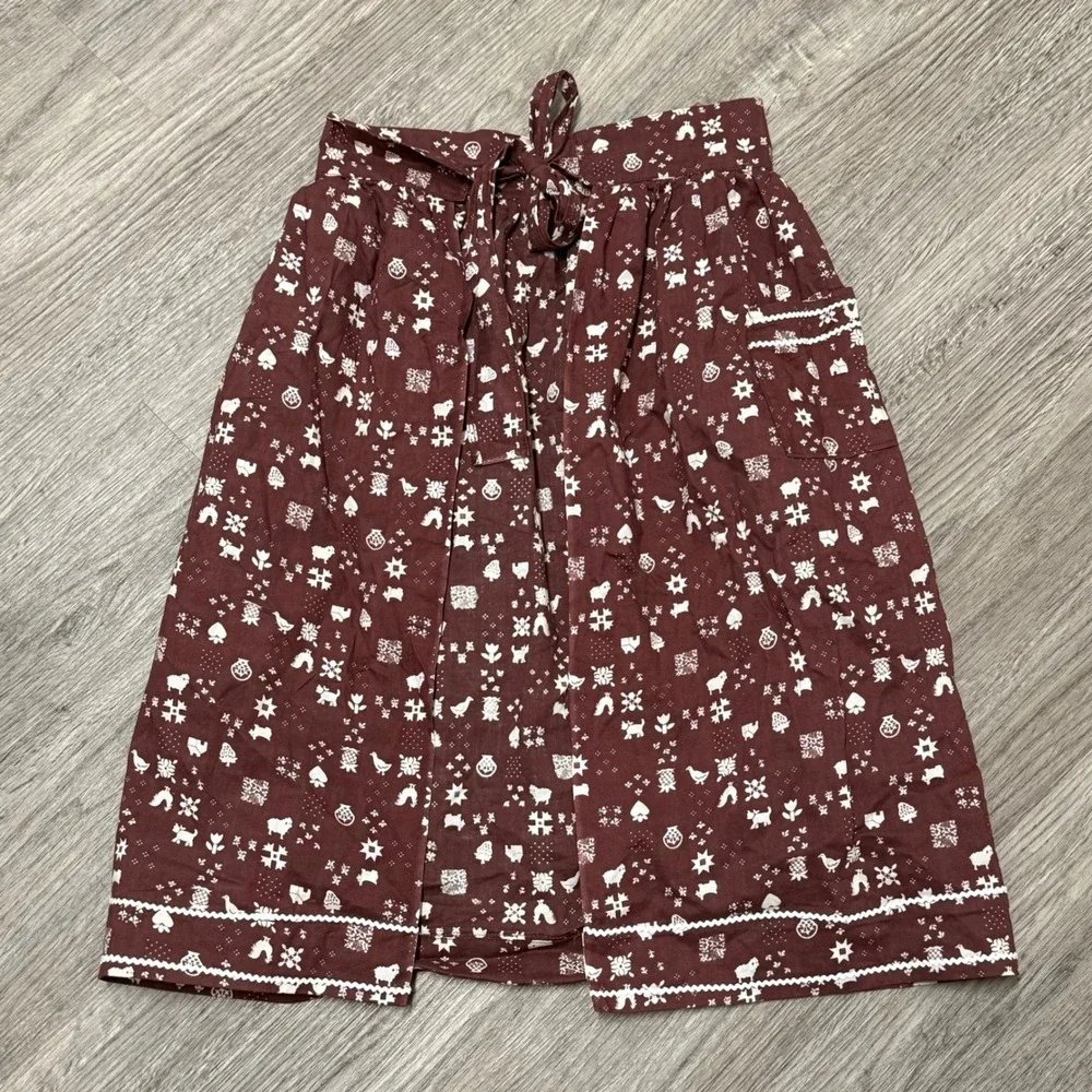 Vintage Brown Folk Art Animal Print Cotton Half Apron with‎ Ric Rac Trim Pocket